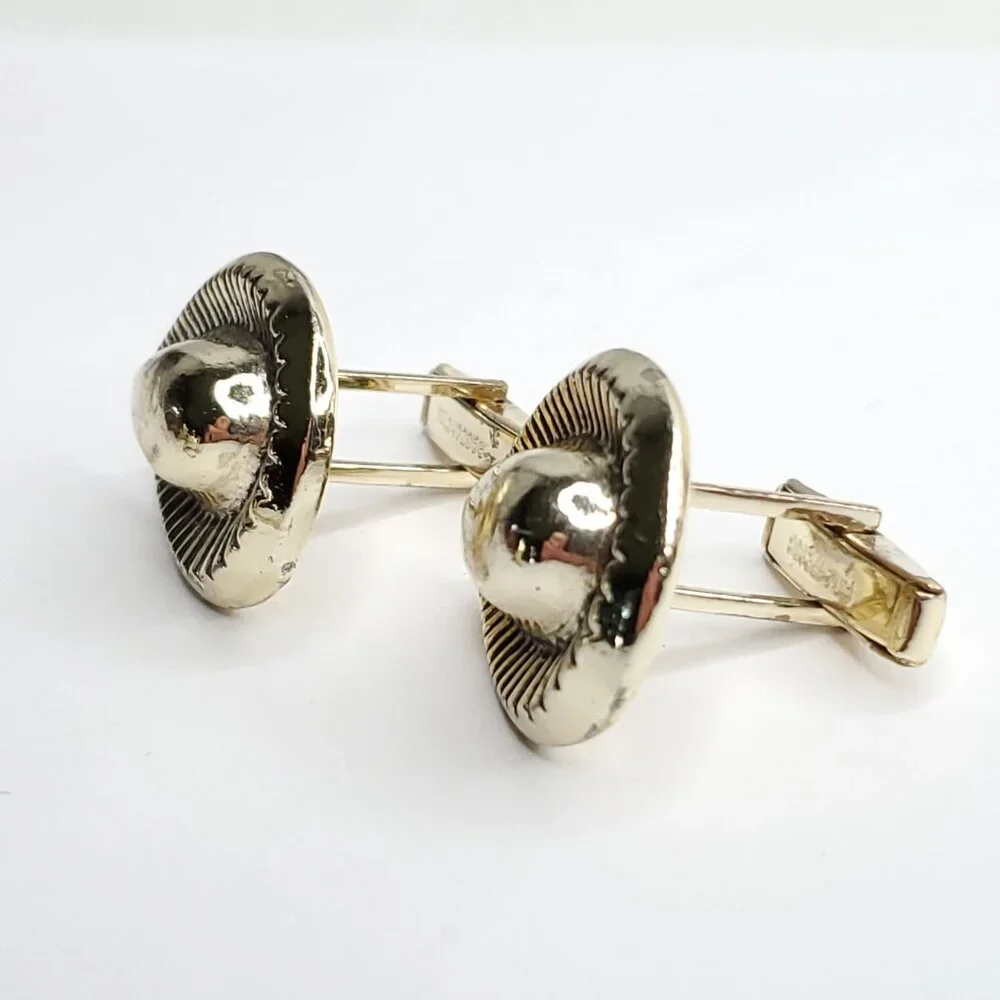 Vintage Cufflinks Tie Clip Set Gold Tone Black Art Deco Tear Drop Heavy